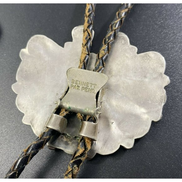 Old Pawn Zuni Sun Face Bolo Tie Inlay Sterling Bennett Patent Pending Clasp - Picture 3 of 8